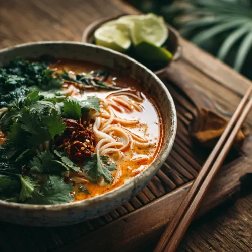 A steaming bowl of THAI RED CURRY NOODLE SOUP with fresh herbs