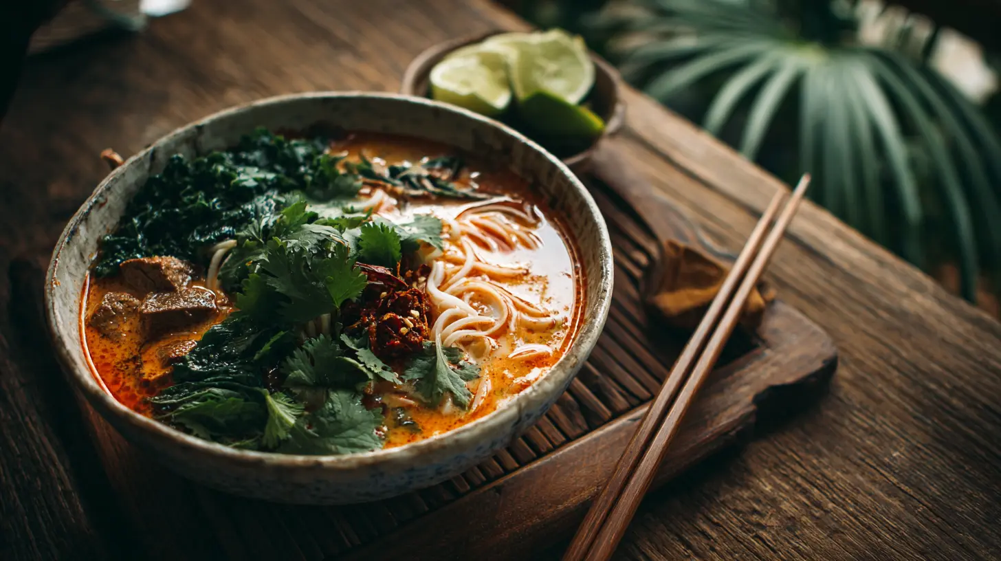 A steaming bowl of THAI RED CURRY NOODLE SOUP with fresh herbs