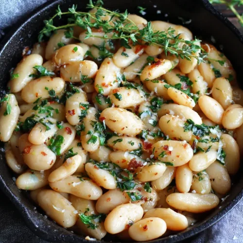 A serving of Tuscan Marry Me Butter Beans in a rustic bowl, garnished with fresh herbs.