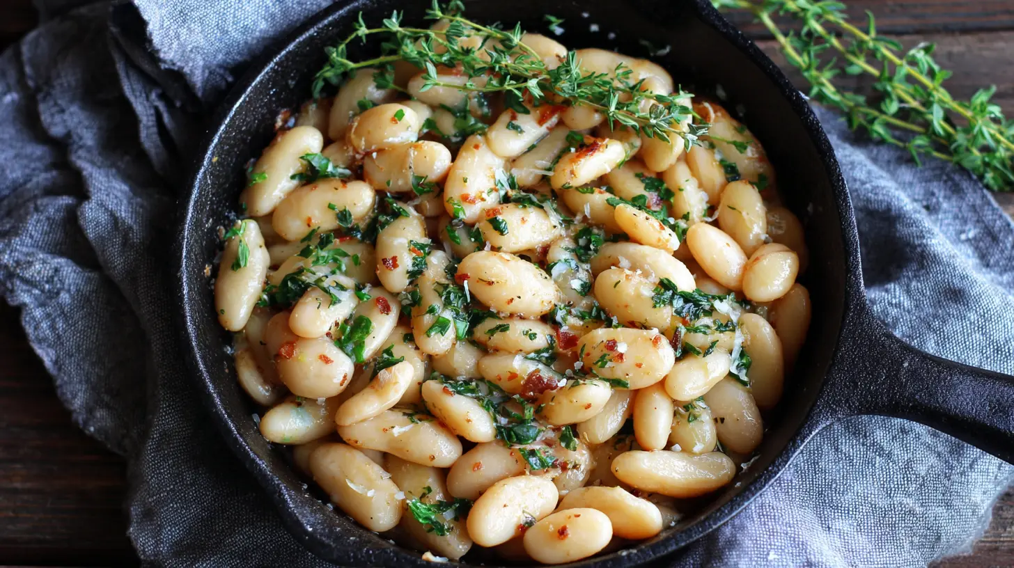A serving of Tuscan Marry Me Butter Beans in a rustic bowl, garnished with fresh herbs.
