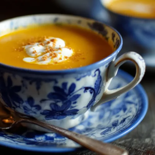 A steaming bowl of vibrant orange vegan sweet potato soup garnished with fresh herbs