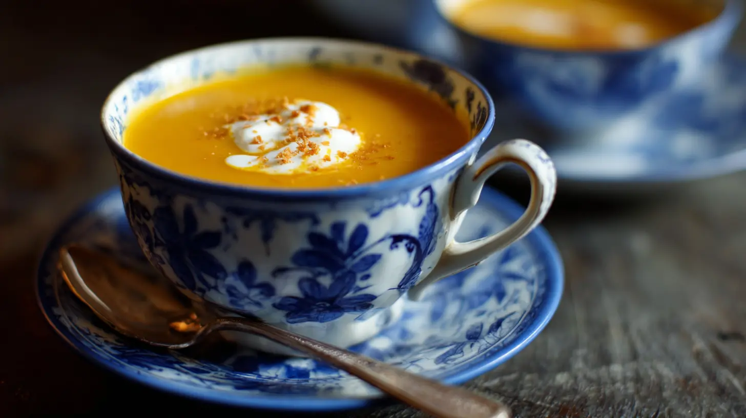 A steaming bowl of vibrant orange vegan sweet potato soup garnished with fresh herbs
