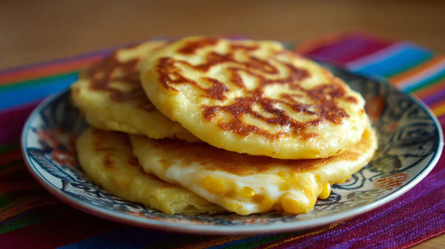 Two generous Venezuelan sweet corn cachapas with melty cheese on a white plate