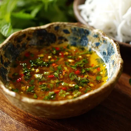 A clear bowl of Vietnamese fish dipping sauce, revealing chilies and garlic