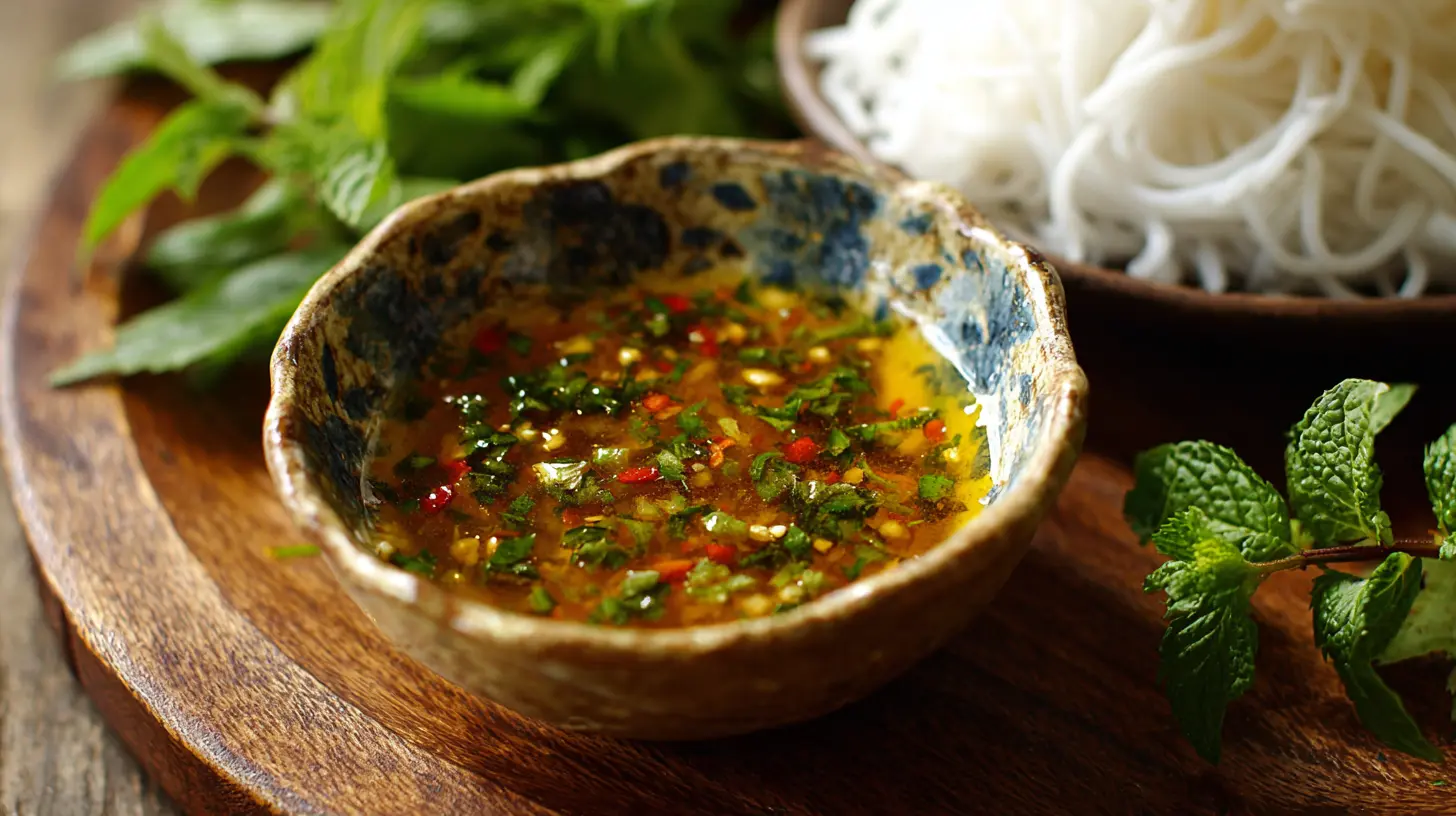 A clear bowl of Vietnamese fish dipping sauce, revealing chilies and garlic