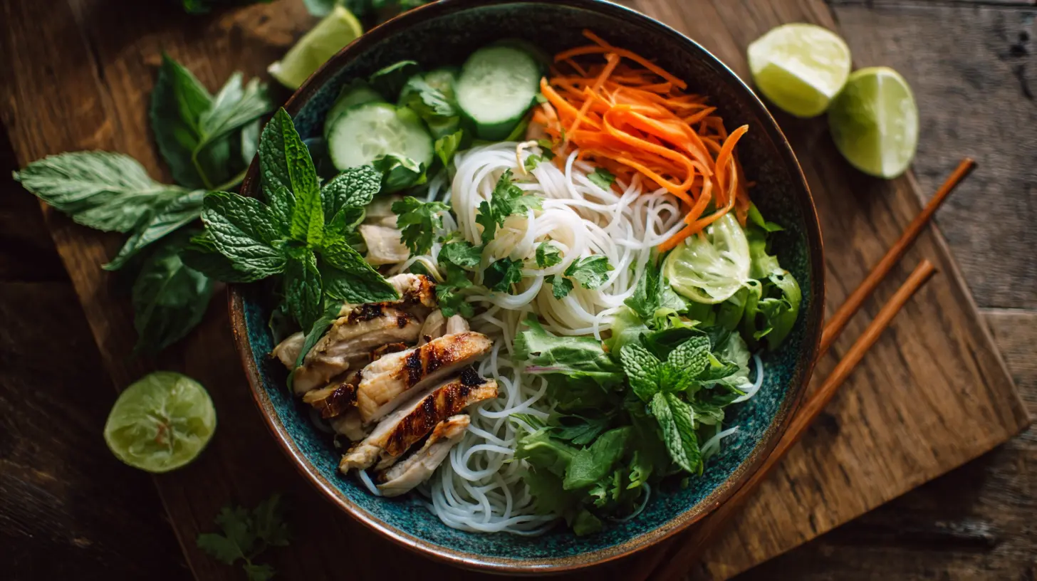 A vibrant Vietnamese noodle bowl with chicken, fresh herbs, and broth.