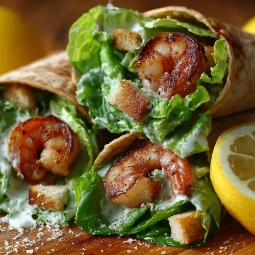 Delicious Zesty Grilled Shrimp Caesar Wraps with fresh lettuce and sauce