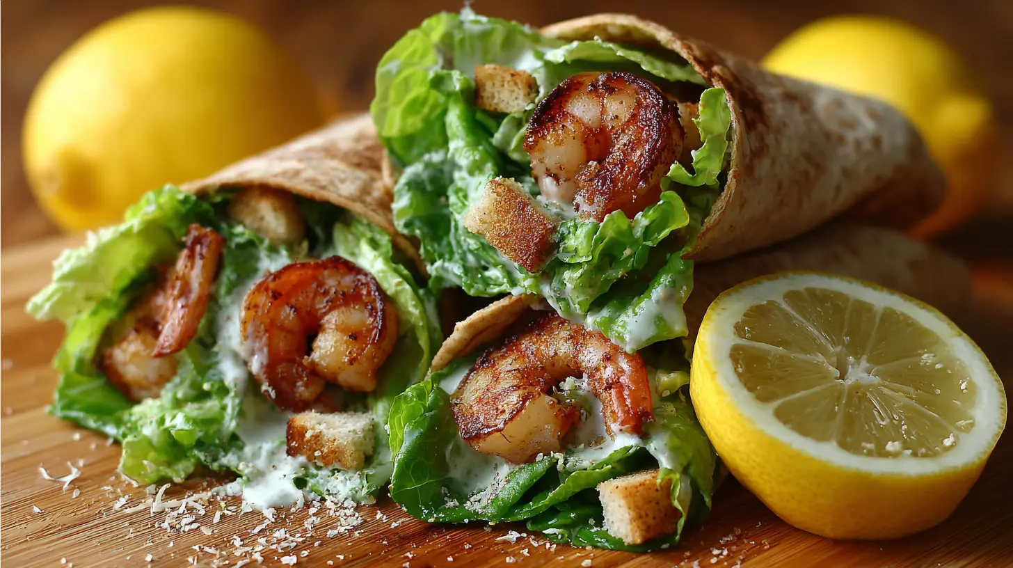 Delicious Zesty Grilled Shrimp Caesar Wraps with fresh lettuce and sauce