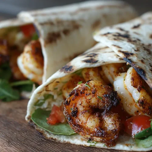 Close-up of zesty grilled shrimp wraps with fresh vegetables
