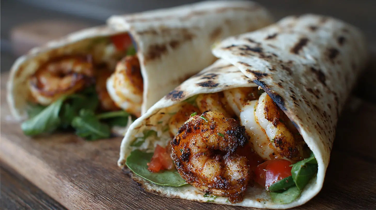 Close-up of zesty grilled shrimp wraps with fresh vegetables