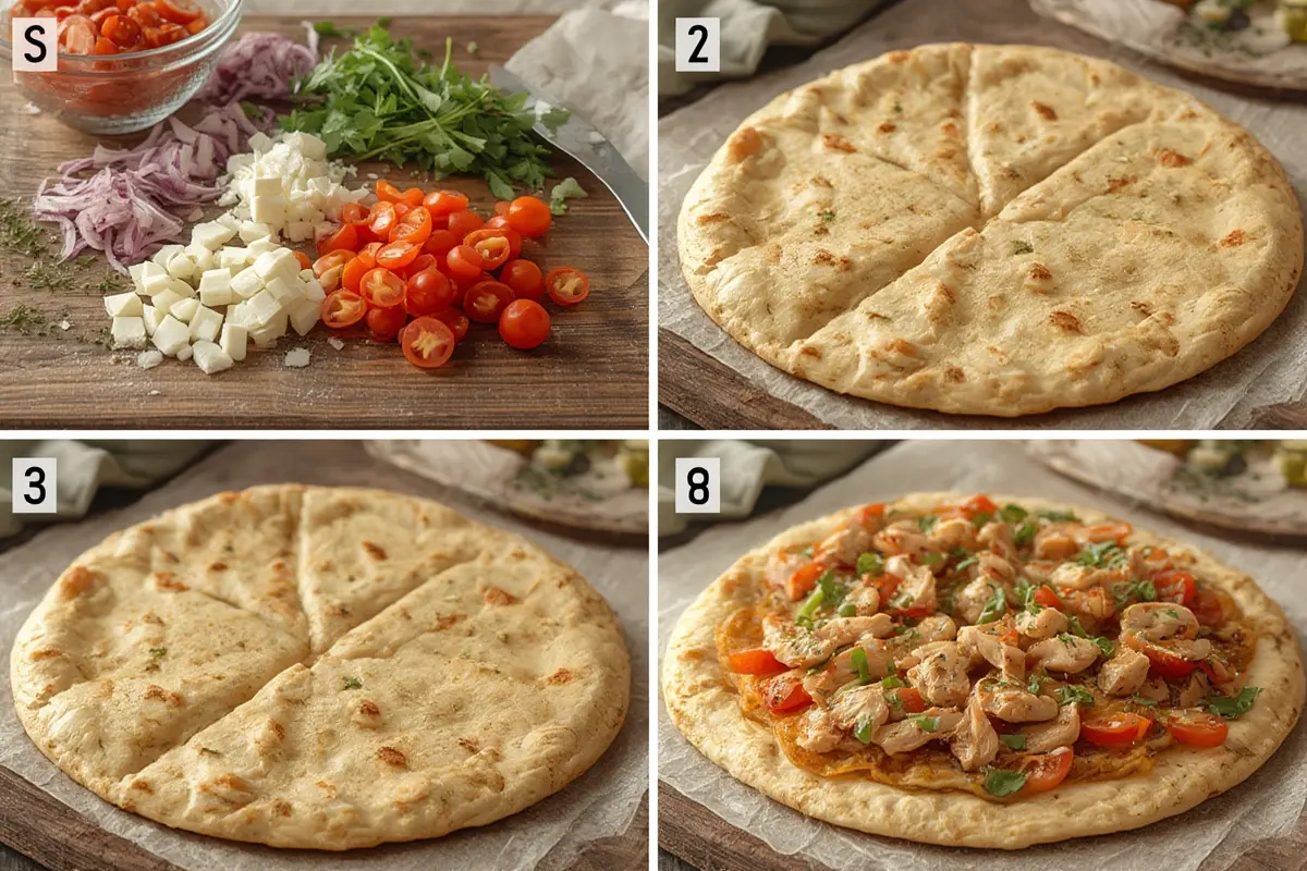 Greek Chicken Flatbread preparation