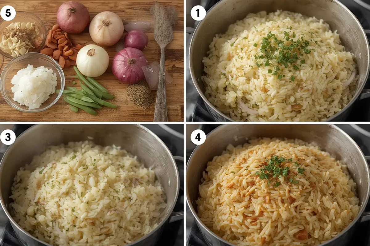 Cooking potato and onion rice in a pot