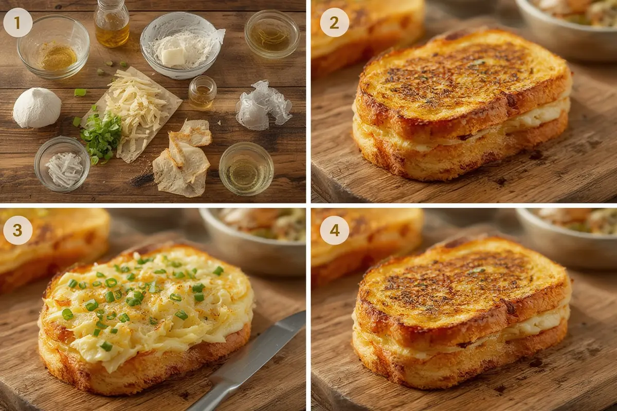 Close-up of garlic bread grilled cheese cross-section
