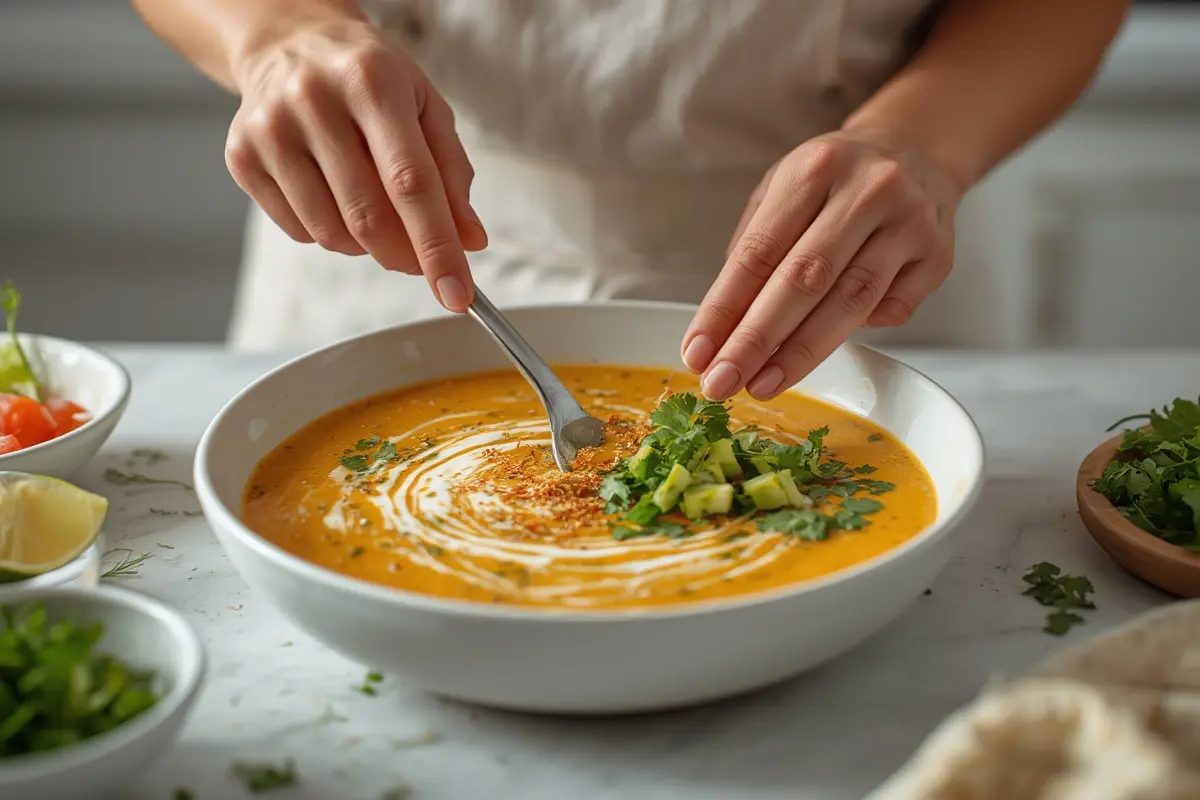 Creamy Vegetarian Tortilla Soup Serving