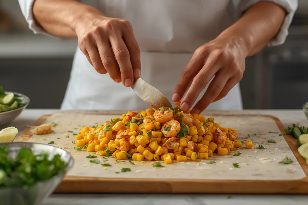 Overhead view of Mexican Street Corn and Shrimp with garnishes and toppings