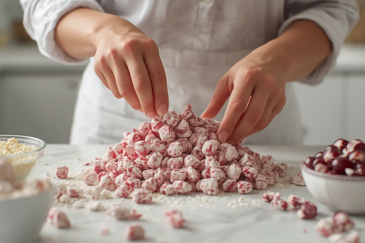 Cherry Cheesecake Puppy Chow close-up