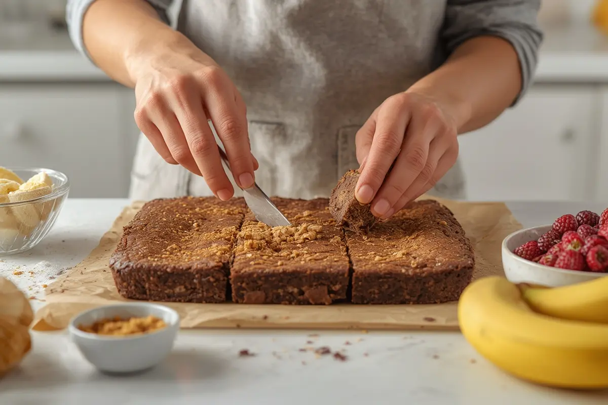 Close-up of perfectly baked banana bread brownie bars