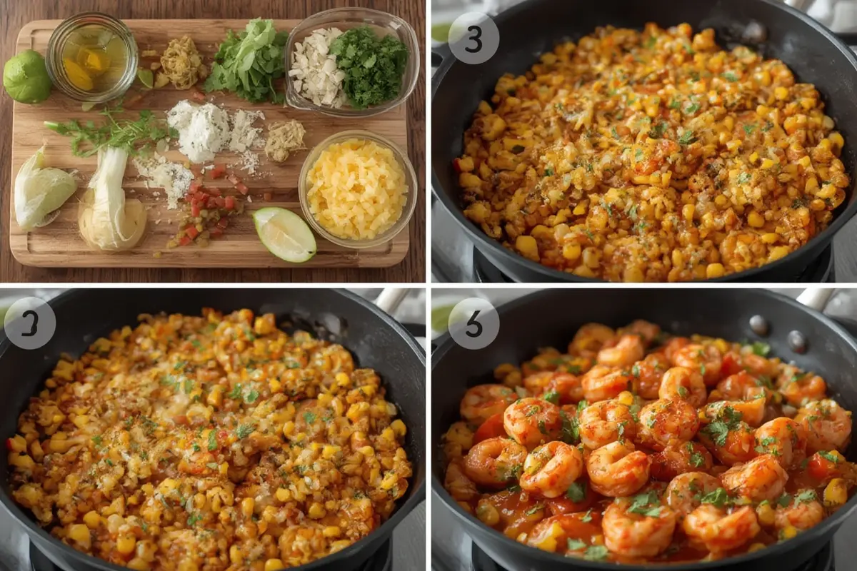 Close up of Mexican Street Corn and Shrimp in a serving bowl with garnishes