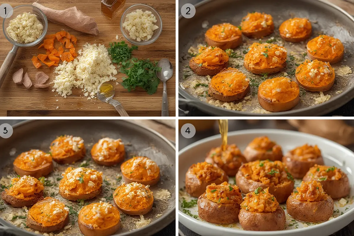 Close-up of sweet potato rounds with honey feta topping