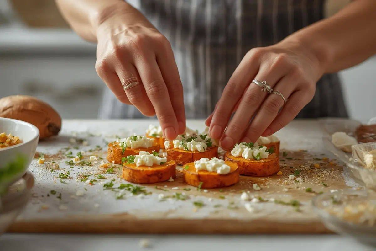 Sweet potato rounds with honey feta on wooden board