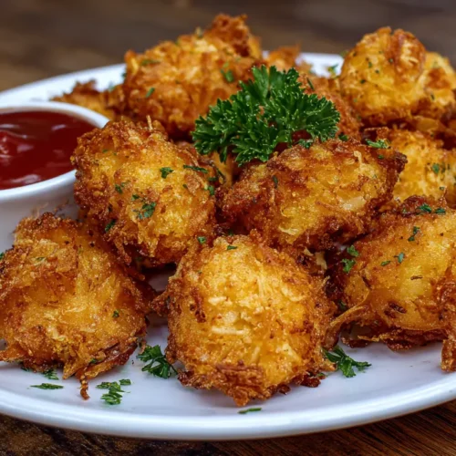 Golden brown air fryer crab bites served on a small dish with dipping sauce.