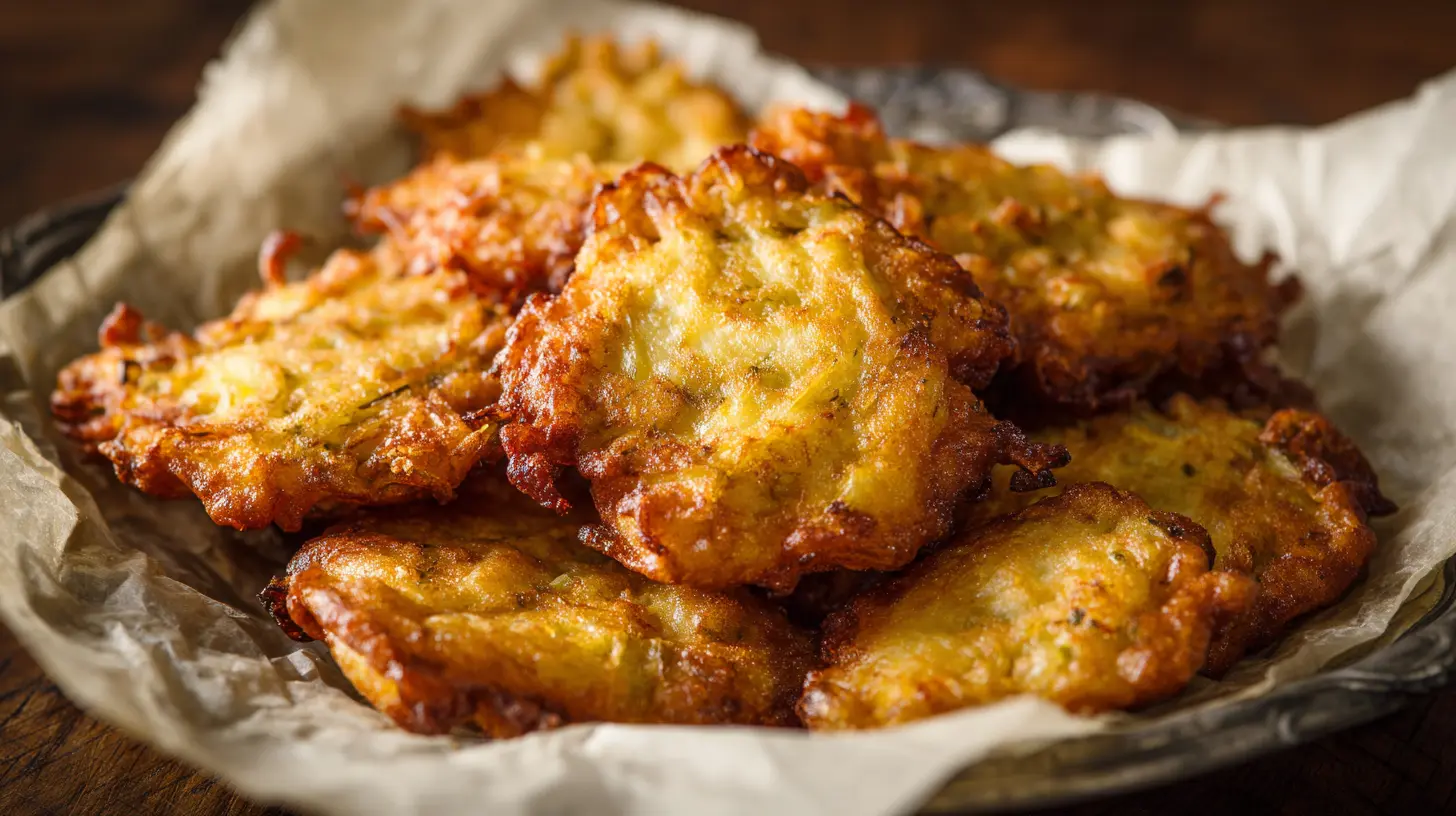 A plate of golden brown Amish onion fritters.