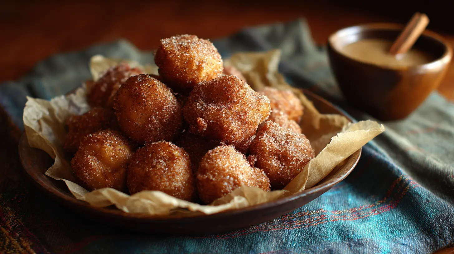 A plate full of golden brown apple fritter bites, dusted with powdered sugar.