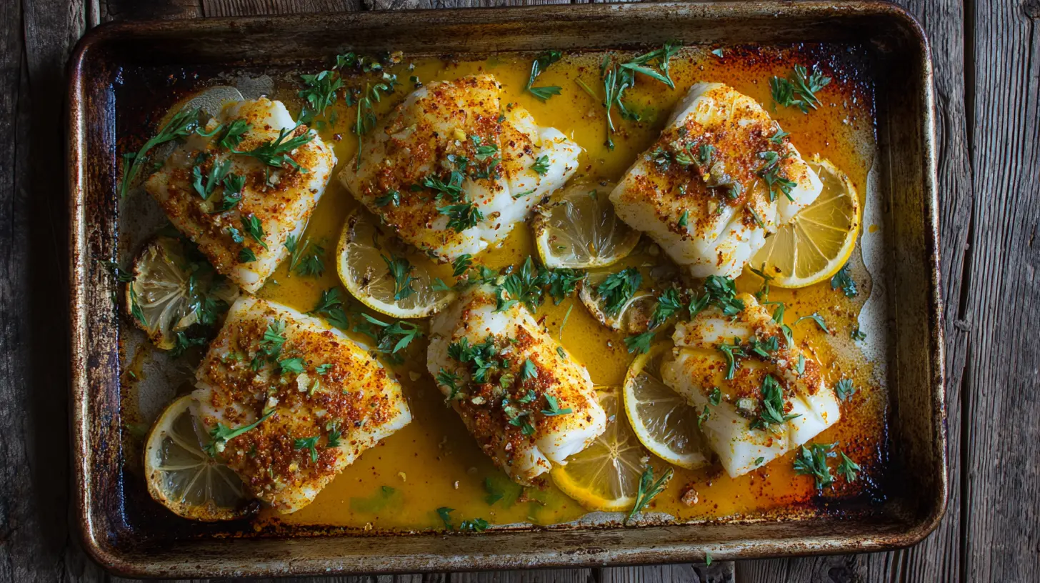 Baked Old Bay Garlic Butter Cod in a dish, flaked