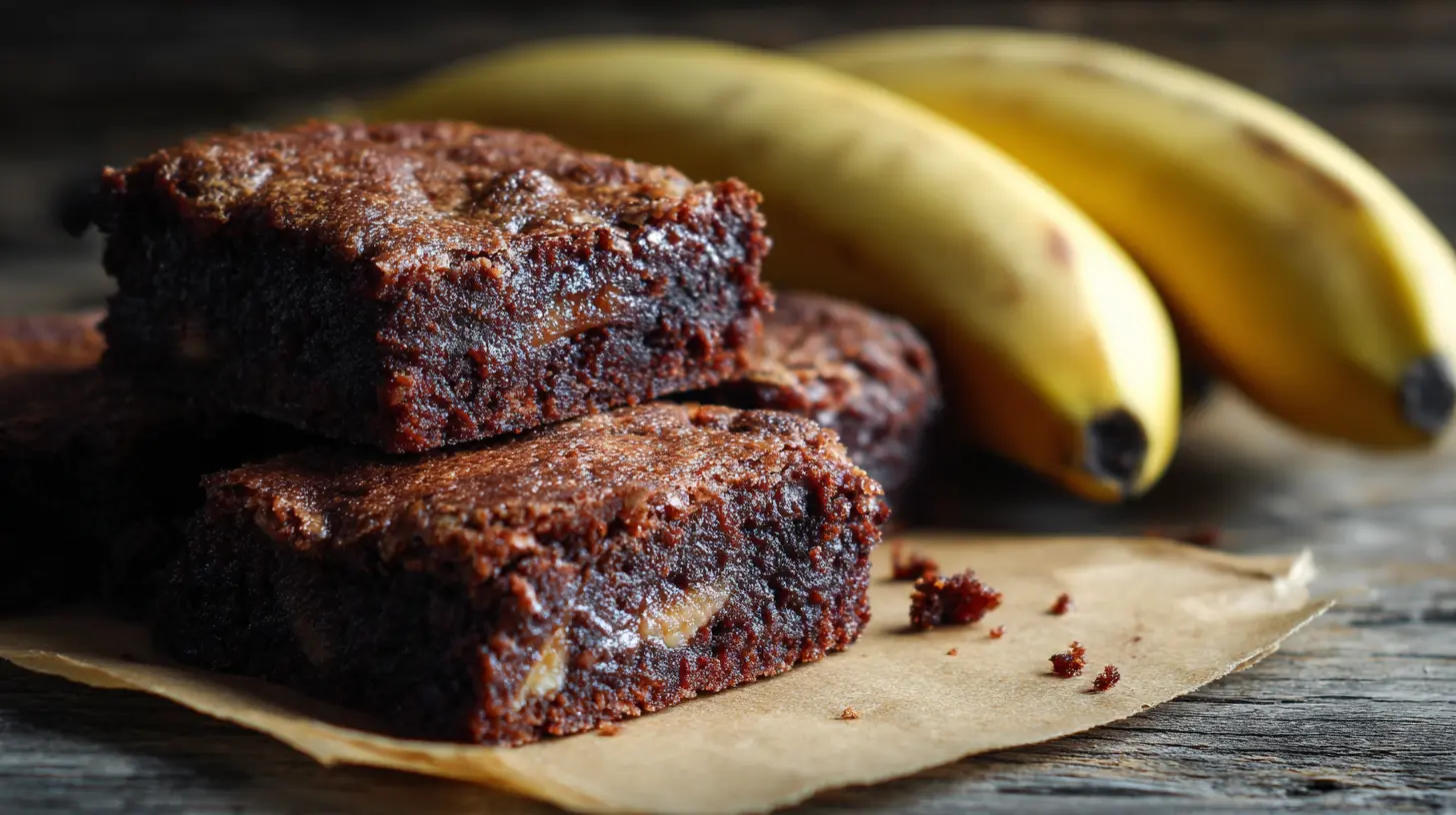 Close-up of a pan of freshly baked banana bread brownie bars, showing their fudgy texture