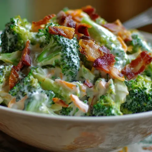 A vibrant bowl of the best broccoli salad with a creamy dressing.