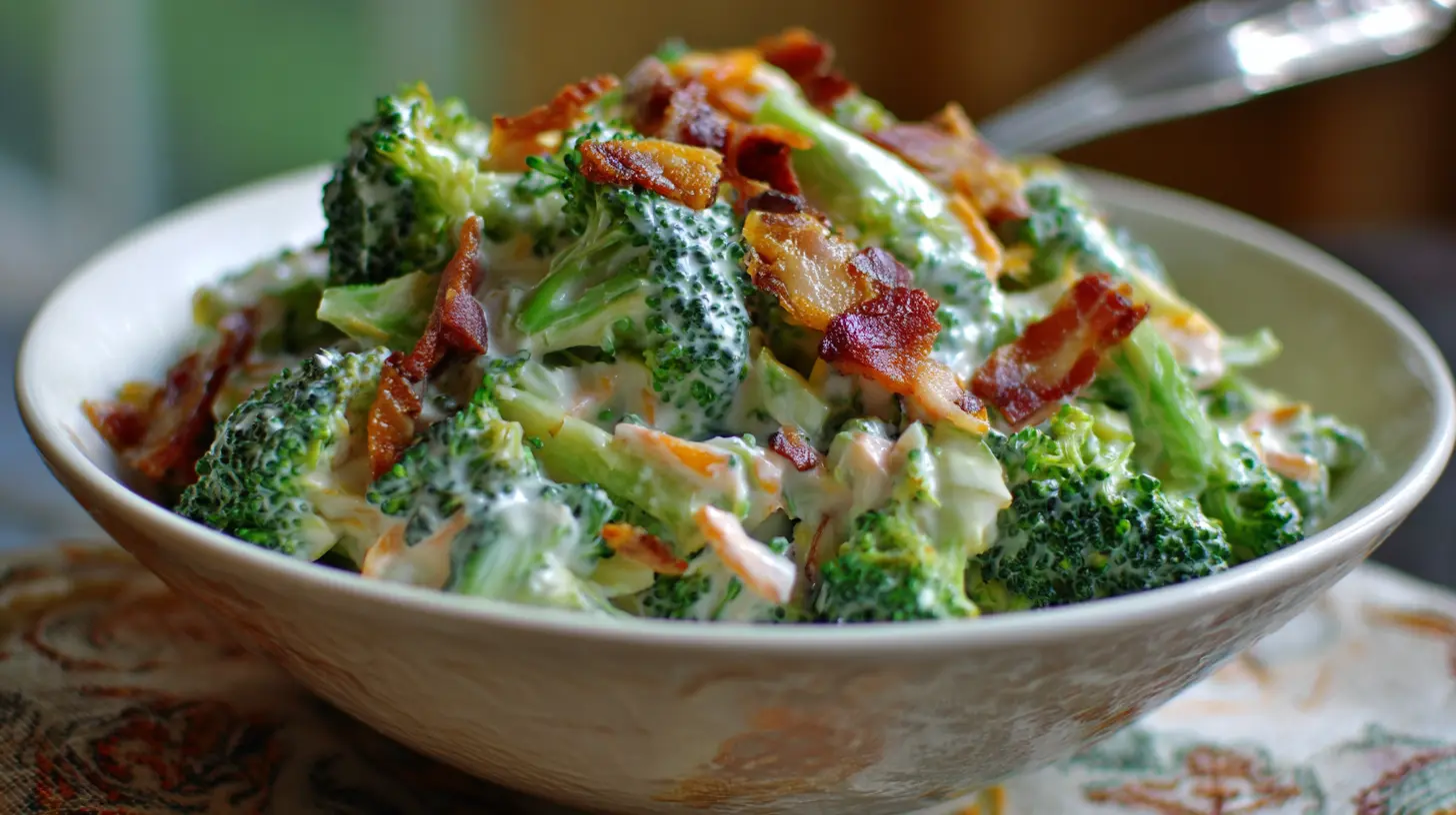 A vibrant bowl of the best broccoli salad with a creamy dressing.