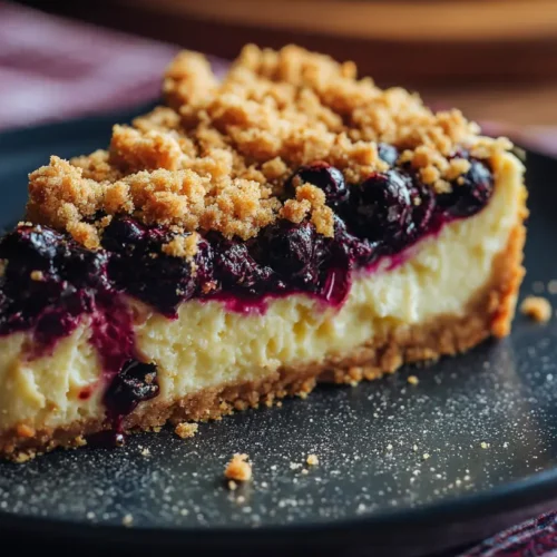Close-up of a blueberry crumble cheesecake with a golden topping