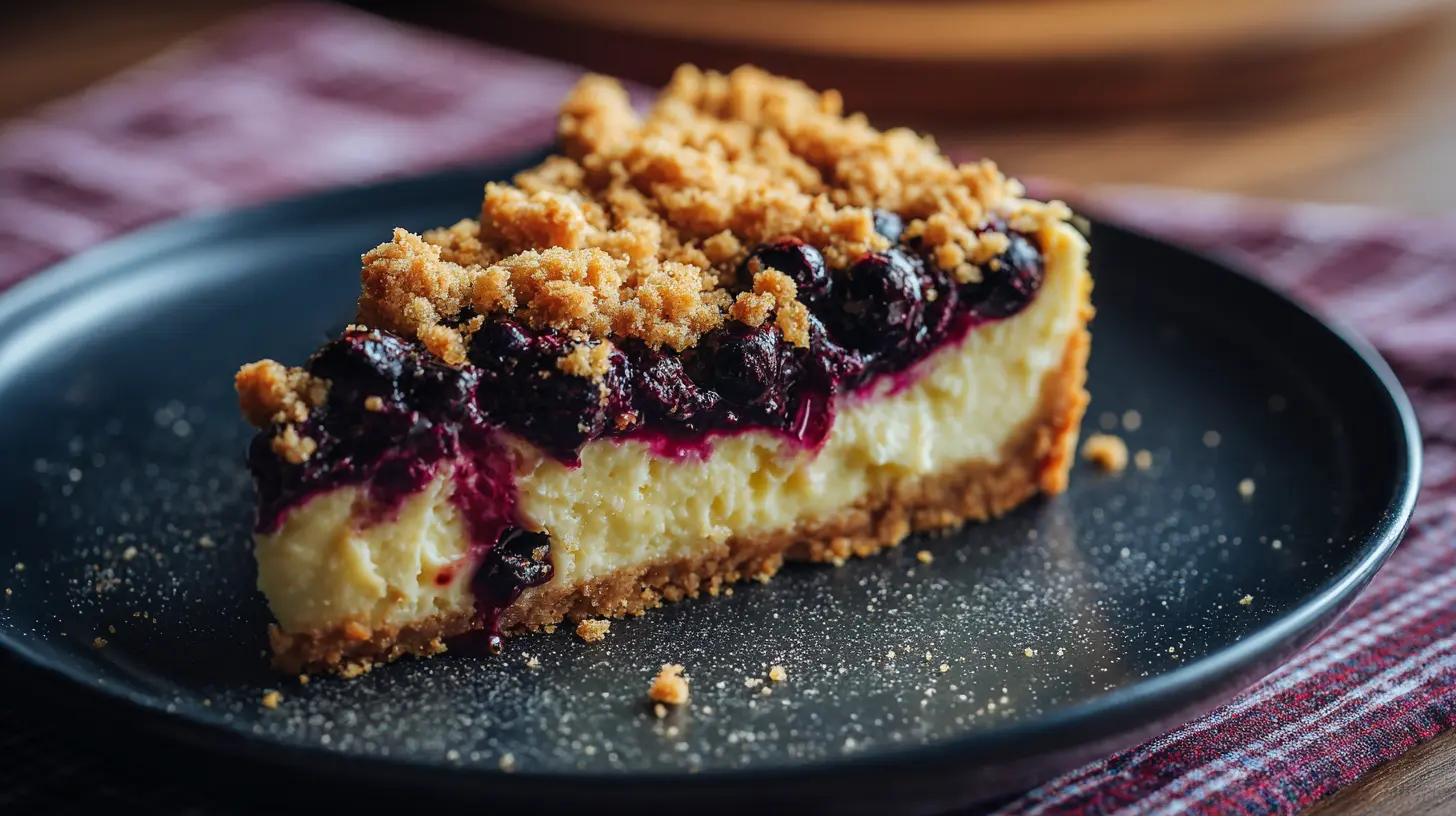 Close-up of a blueberry crumble cheesecake with a golden topping