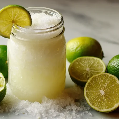 A refreshing Brazilian lemonade drink in a tall glass, garnished with lime slices.