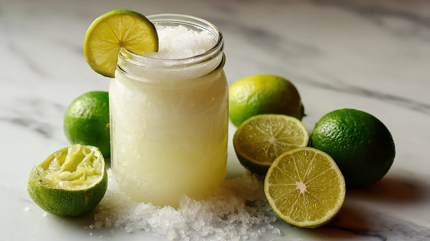A refreshing Brazilian lemonade drink in a tall glass, garnished with lime slices.