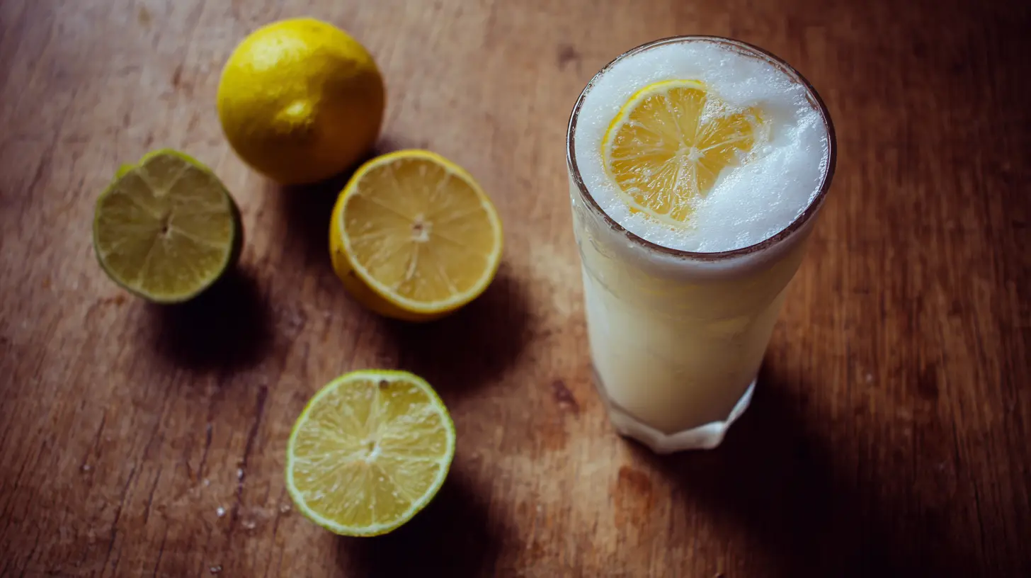 A glass of refreshing Brazilian lemonade drink with lime slices and ice
