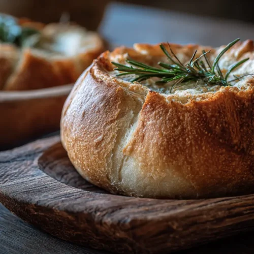 A freshly baked bread bowl recipe, ready for soup.