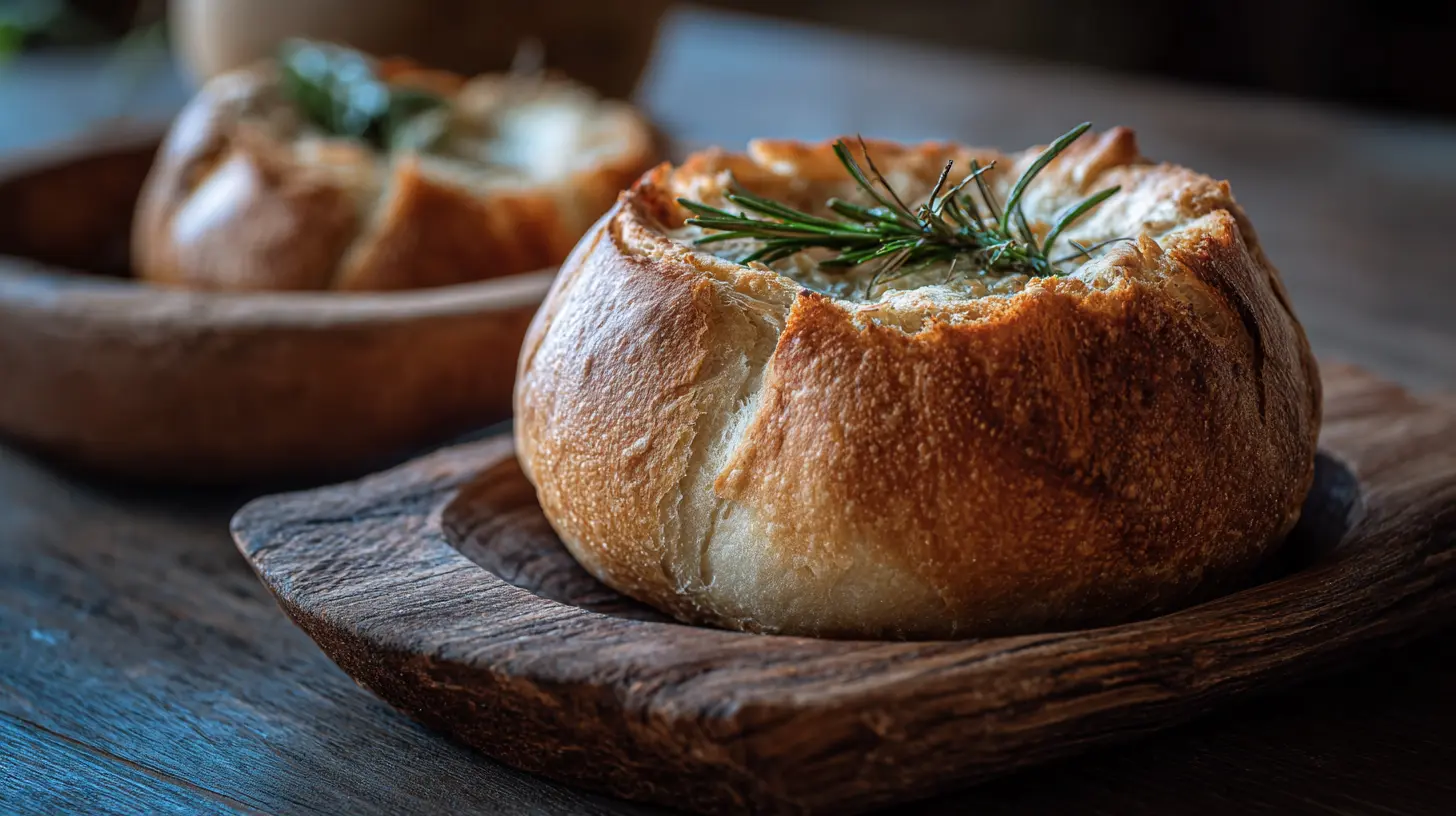 A freshly baked bread bowl recipe, ready for soup.