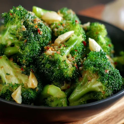 Steamed broccoli florets generously coated in a flavorful garlic sauce