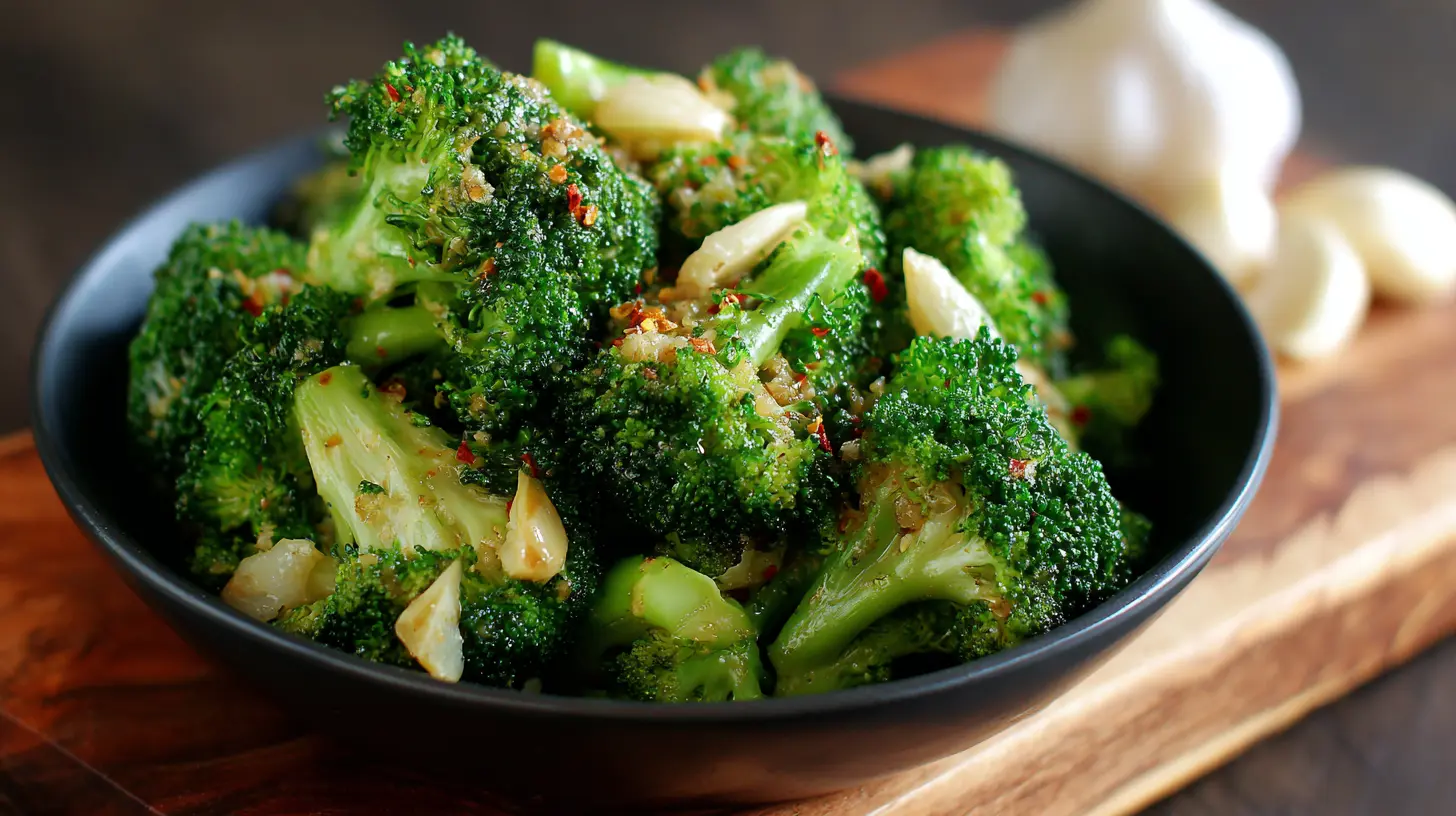 Steamed broccoli florets generously coated in a flavorful garlic sauce