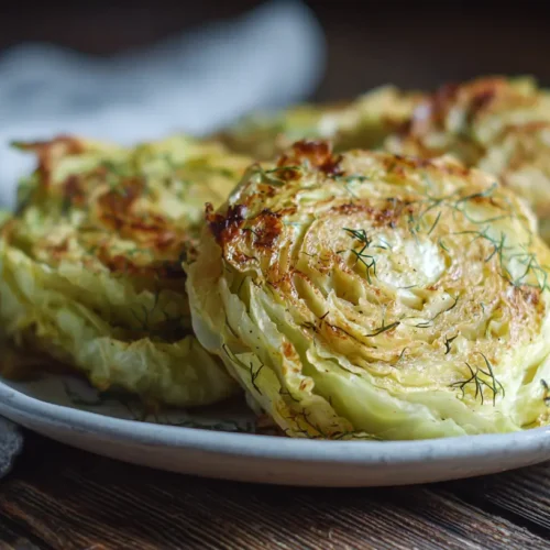 Close-up of perfectly seared cabbage steaks with visible grill marks.