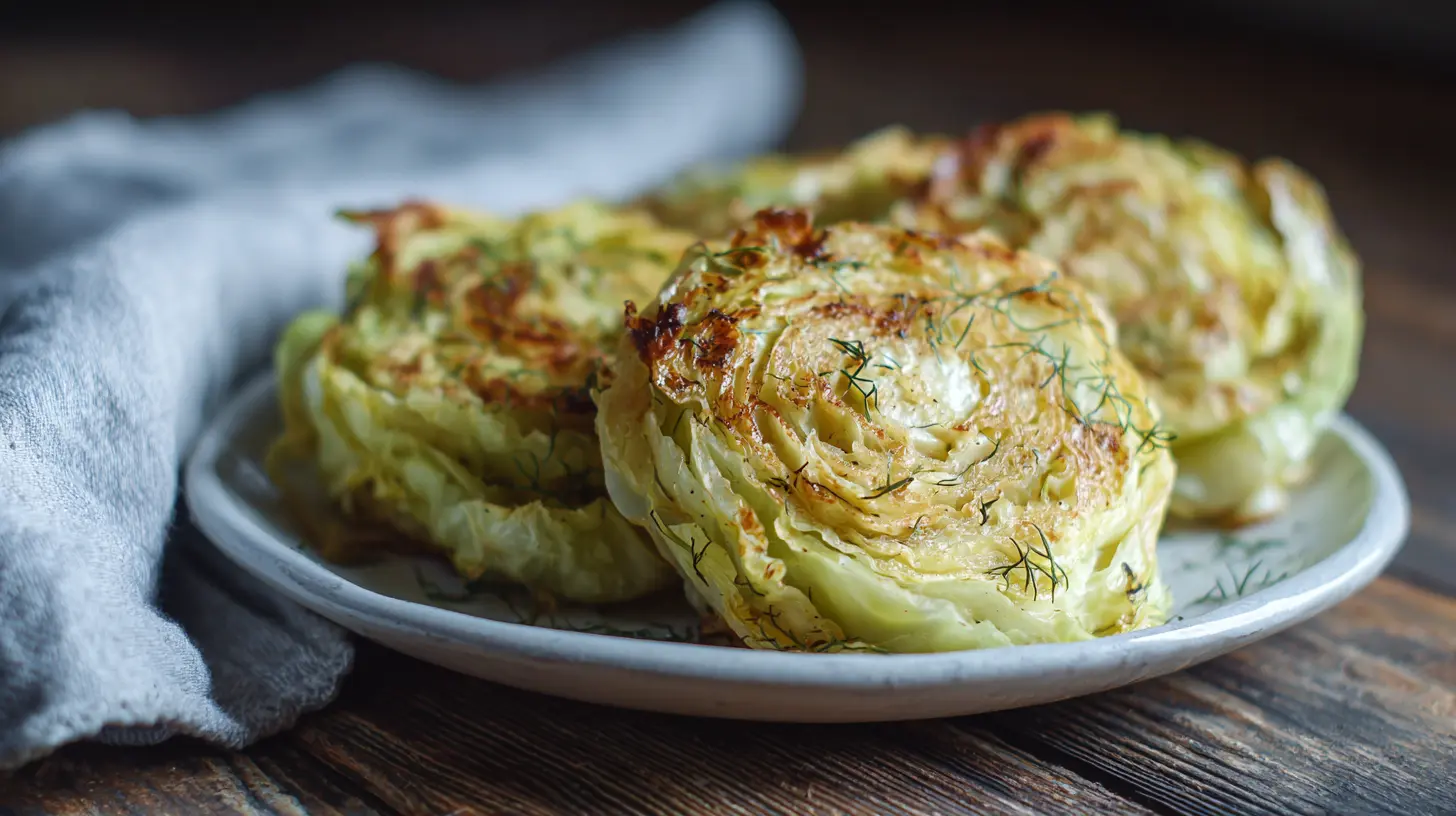 Close-up of perfectly seared cabbage steaks with visible grill marks.