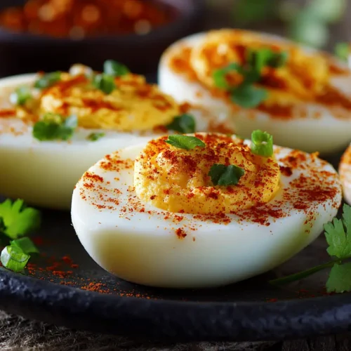 A close-up of Cajun boiled eggs, seasoned with vibrant spices.