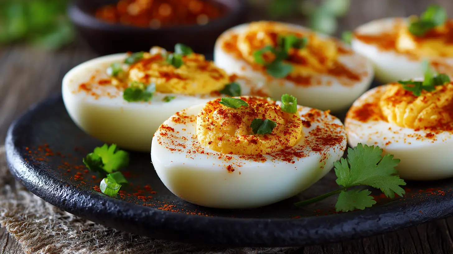 A close-up of Cajun boiled eggs, seasoned with vibrant spices.