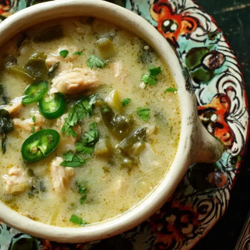 A bowl of savory chicken poblano soup topped with cilantro