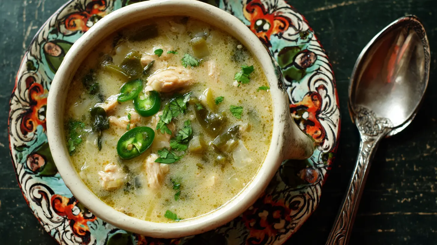 A bowl of savory chicken poblano soup topped with cilantro