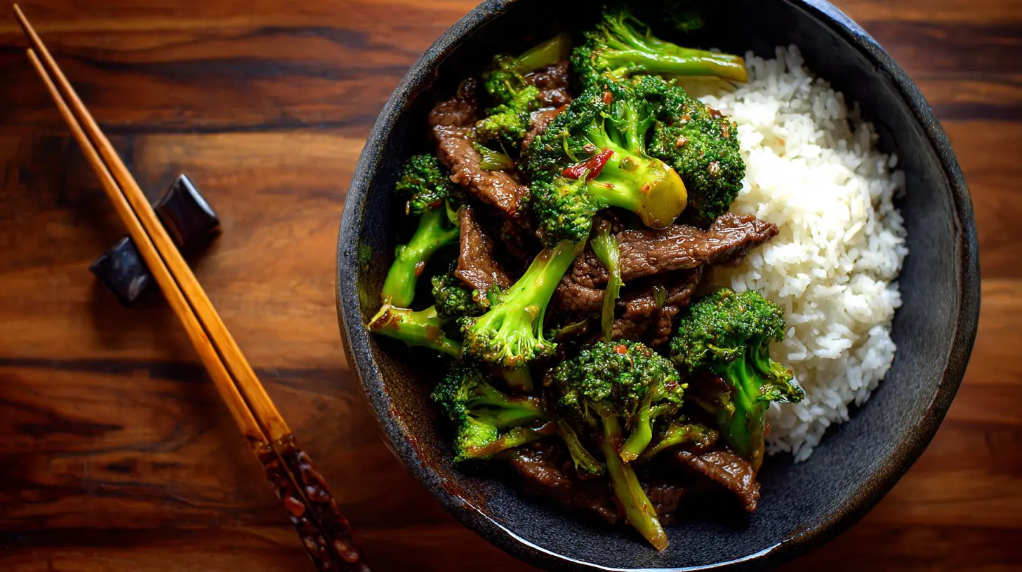 A plate of Chinese Beef and Broccoli with tender beef slices and vibrant green broccoli florets.
