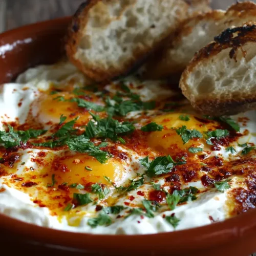 A serving of Çılbır: Turkish eggs with creamy yogurt, topped with chili oil and herbs.
