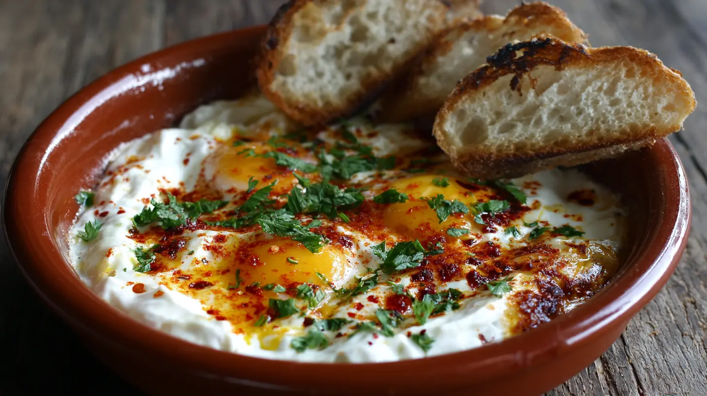 A serving of Çılbır: Turkish eggs with creamy yogurt, topped with chili oil and herbs.