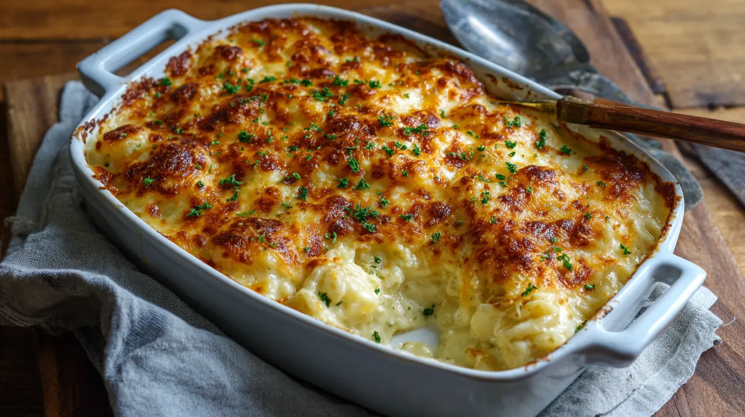 A bubbling crazy good casserole fresh from the oven, served in a ceramic dish.